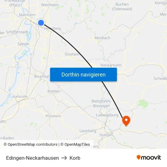 Edingen-Neckarhausen to Korb map