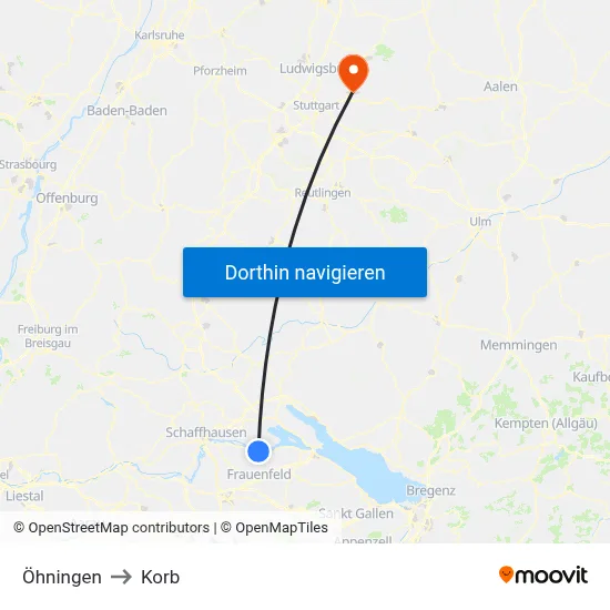 Öhningen to Korb map