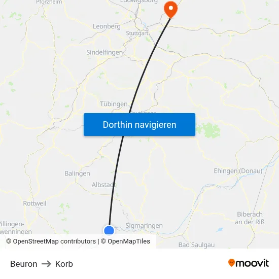 Beuron to Korb map