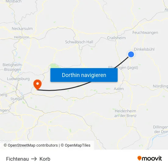Fichtenau to Korb map