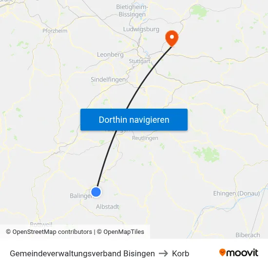 Gemeindeverwaltungsverband Bisingen to Korb map