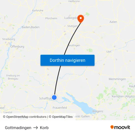 Gottmadingen to Korb map