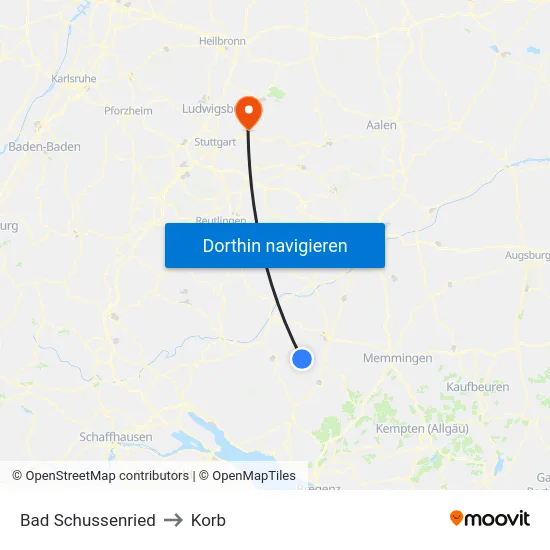 Bad Schussenried to Korb map