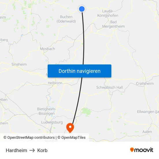 Hardheim to Korb map