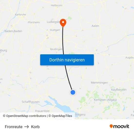 Fronreute to Korb map