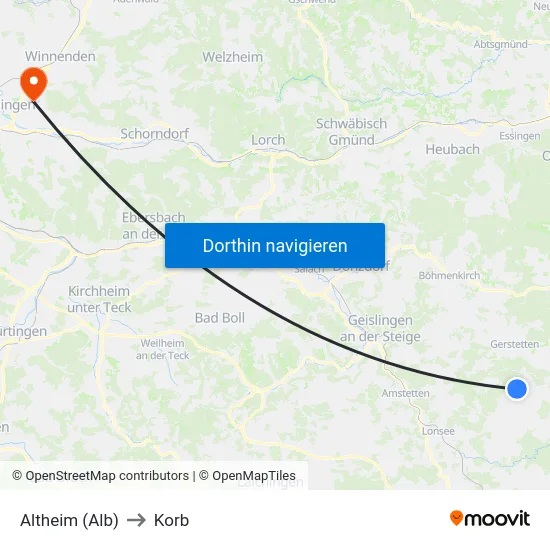 Altheim (Alb) to Korb map