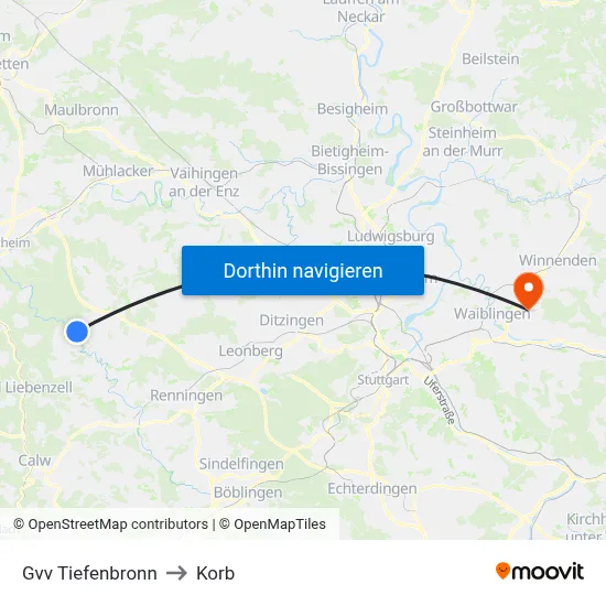 Gvv Tiefenbronn to Korb map
