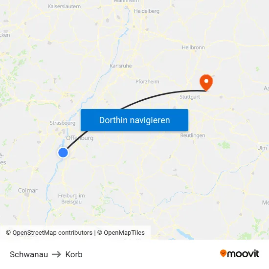 Schwanau to Korb map
