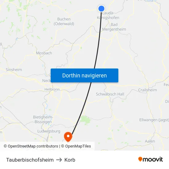 Tauberbischofsheim to Korb map