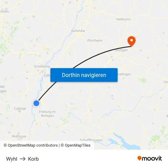 Wyhl to Korb map