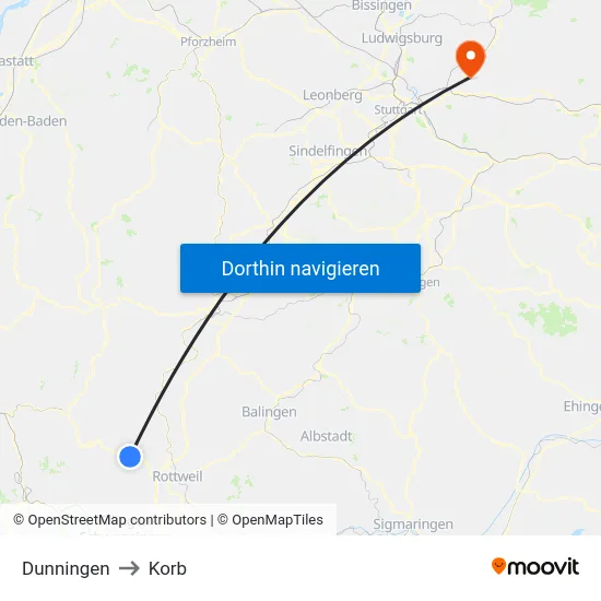Dunningen to Korb map