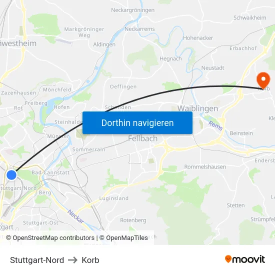 Stuttgart-Nord to Korb map