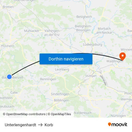Unterlengenhardt to Korb map