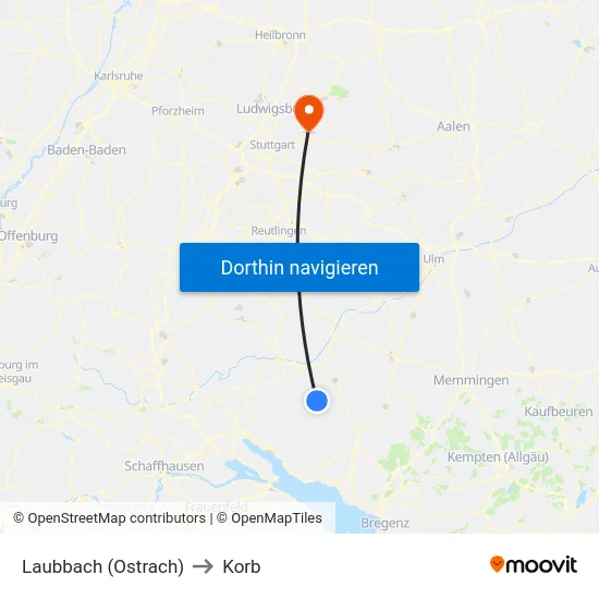 Laubbach (Ostrach) to Korb map