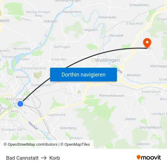 Bad Cannstatt to Korb map