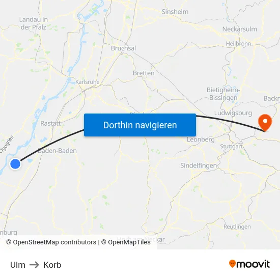 Ulm to Korb map