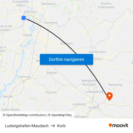 Ludwigshafen-Maudach to Korb map