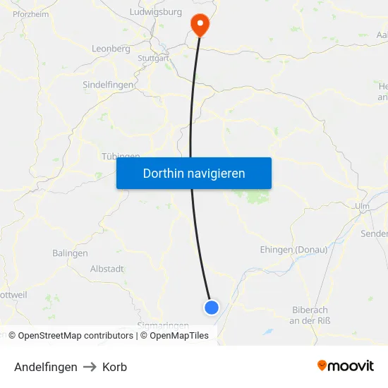 Andelfingen to Korb map