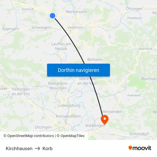 Kirchhausen to Korb map