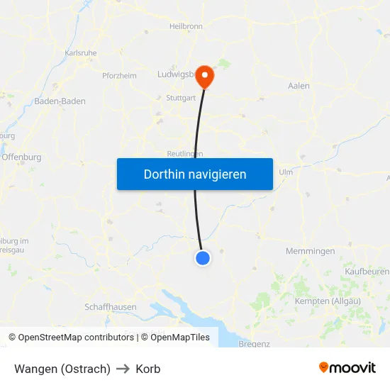 Wangen (Ostrach) to Korb map
