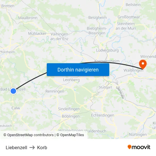 Liebenzell to Korb map