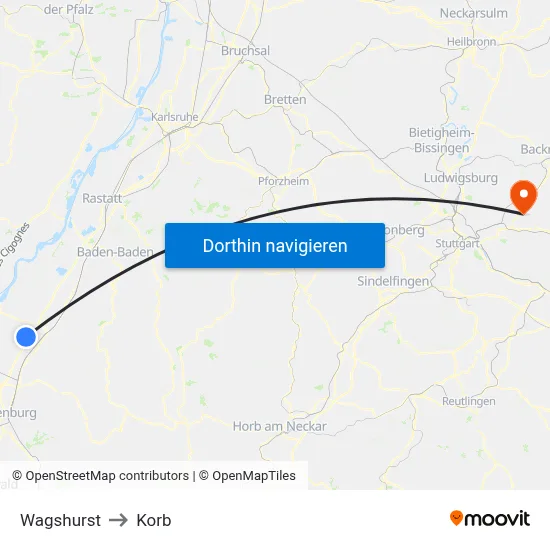 Wagshurst to Korb map