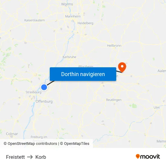 Freistett to Korb map