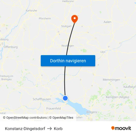 Konstanz-Dingelsdorf to Korb map