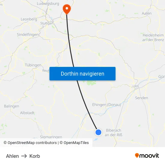 Ahlen to Korb map