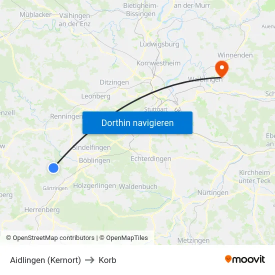 Aidlingen (Kernort) to Korb map