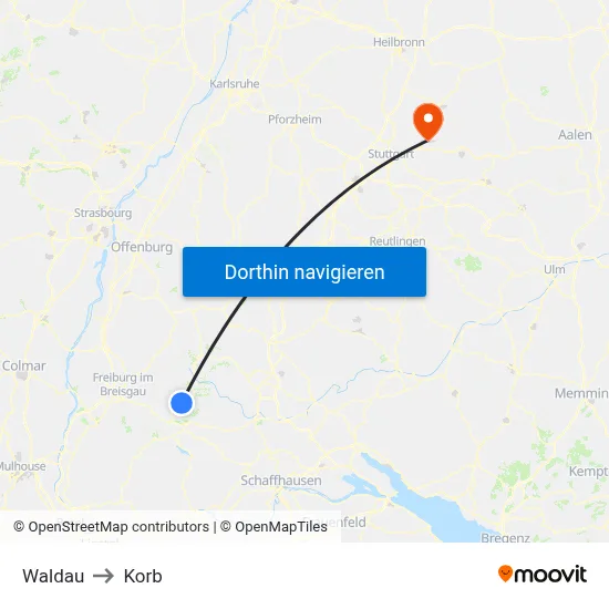 Waldau to Korb map