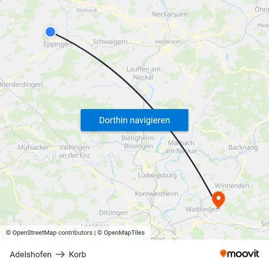 Adelshofen to Korb map