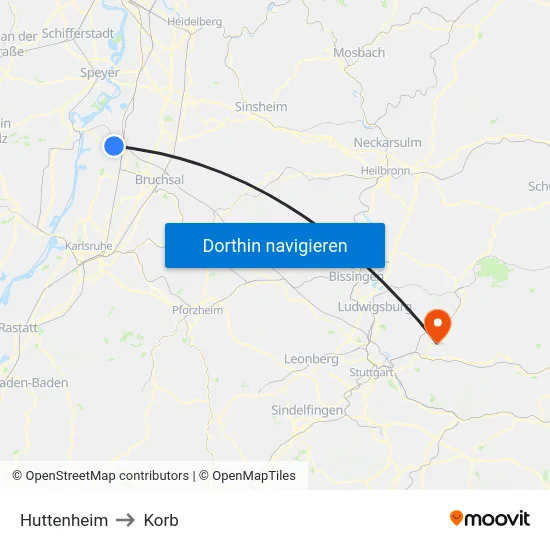 Huttenheim to Korb map