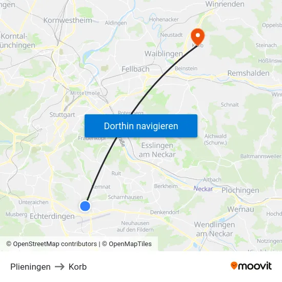 Plieningen to Korb map