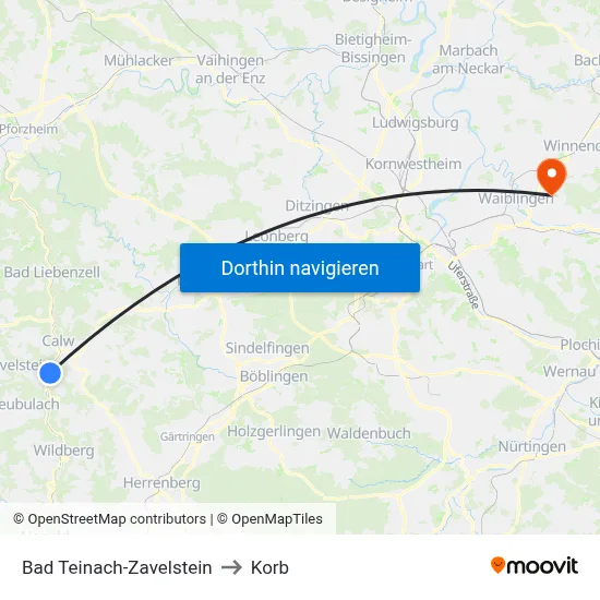 Bad Teinach-Zavelstein to Korb map