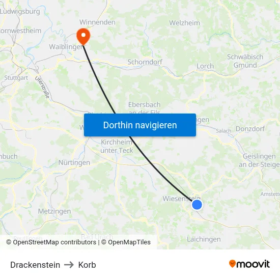 Drackenstein to Korb map