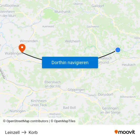 Leinzell to Korb map