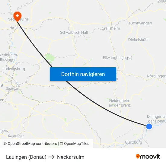 Lauingen (Donau) to Neckarsulm map