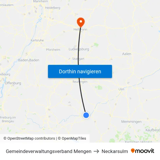 Gemeindeverwaltungsverband Mengen to Neckarsulm map