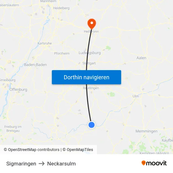 Sigmaringen to Neckarsulm map