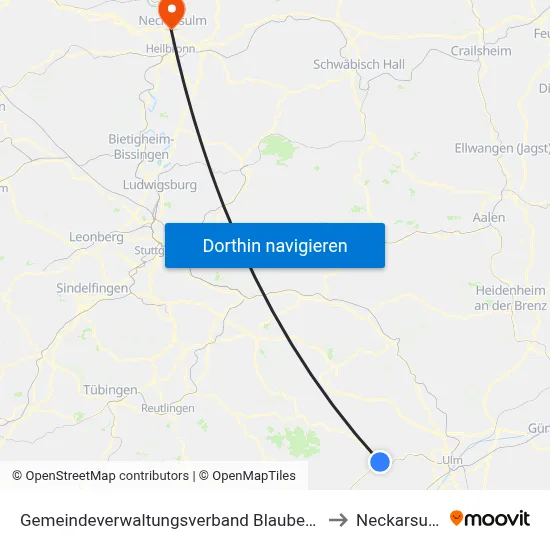 Gemeindeverwaltungsverband Blaubeuren to Neckarsulm map