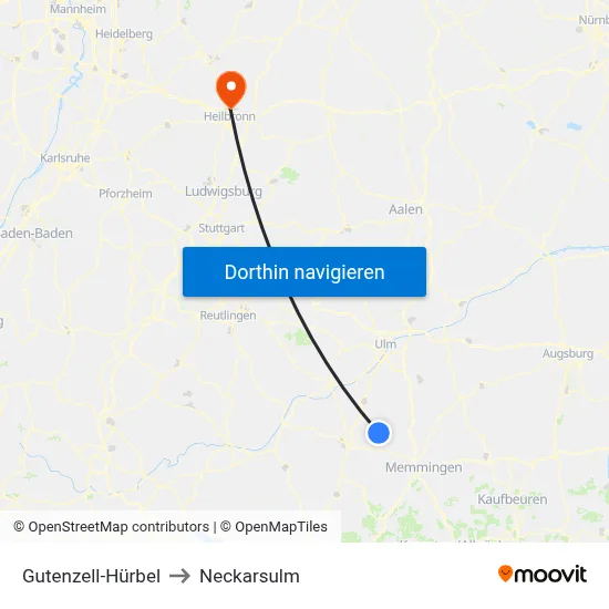 Gutenzell-Hürbel to Neckarsulm map