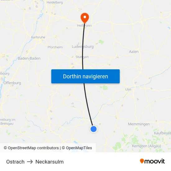 Ostrach to Neckarsulm map