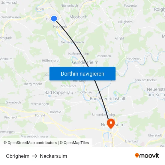 Obrigheim to Neckarsulm map