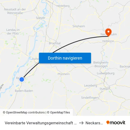 Vereinbarte Verwaltungsgemeinschaft Rastatt to Neckarsulm map