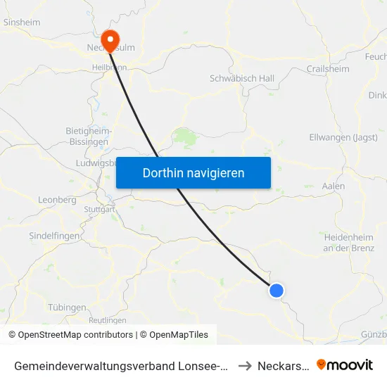 Gemeindeverwaltungsverband Lonsee-Amstetten to Neckarsulm map