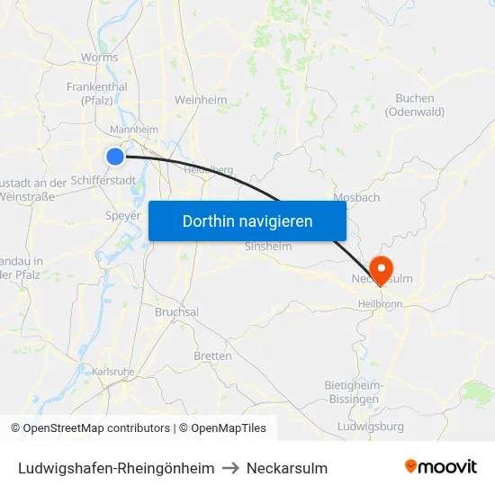 Ludwigshafen-Rheingönheim to Neckarsulm map