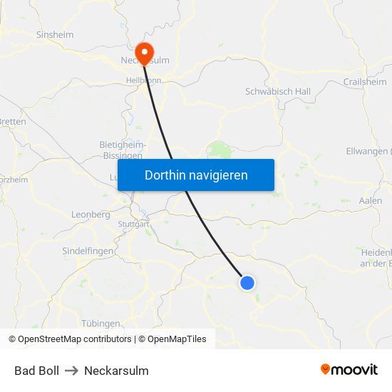 Bad Boll to Neckarsulm map