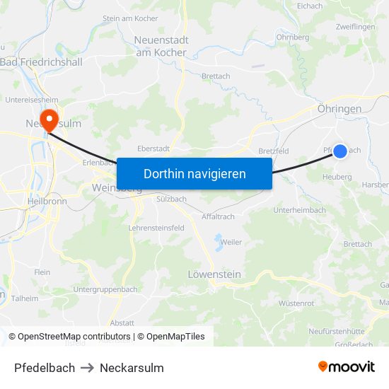 Pfedelbach to Neckarsulm map