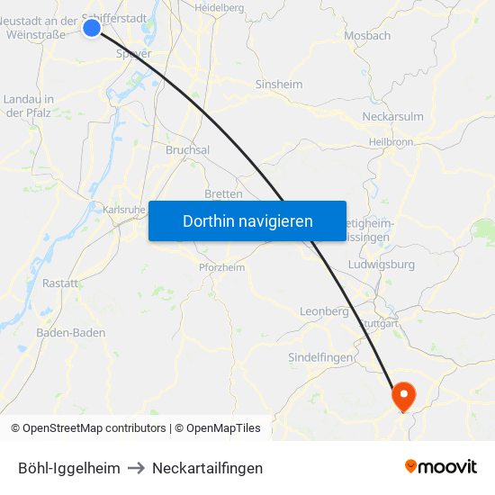 Böhl-Iggelheim to Neckartailfingen map